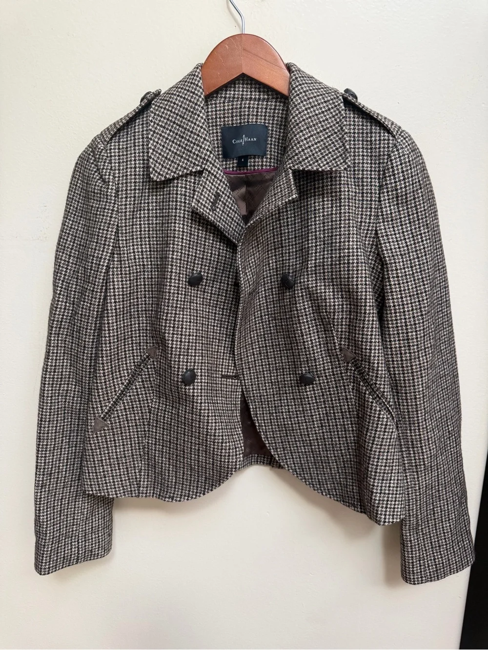 Cole Haan Houndstooth Peacoat Jacket - Brown & Cream